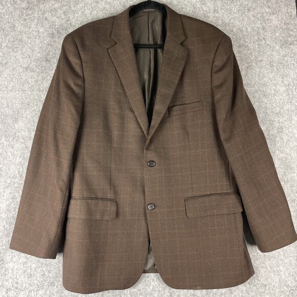 Tasso Elba Wool Blazer Sport Coat Mens 42R Brown Plaid Two Button Career Office - Picture 1 of 16
